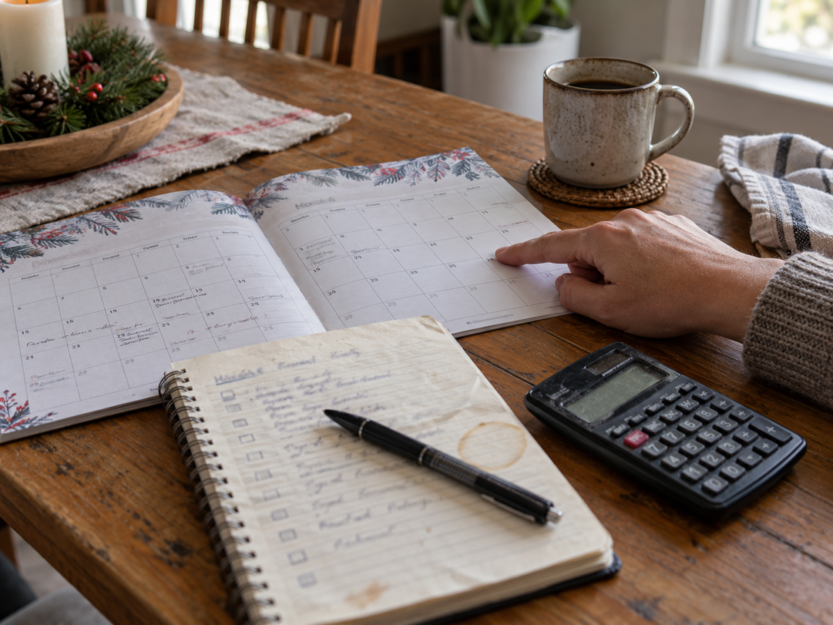 Christmas savings calendar beside a notebook with weekly deposit amounts