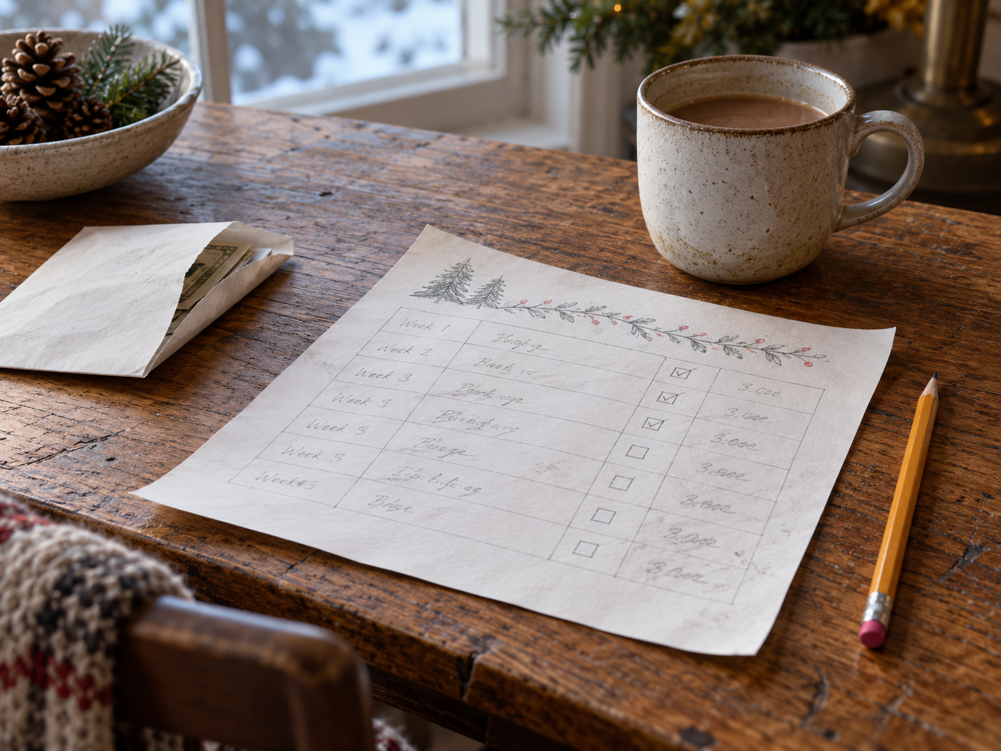 Eight-week Christmas savings chart with boxes checked for completed deposits