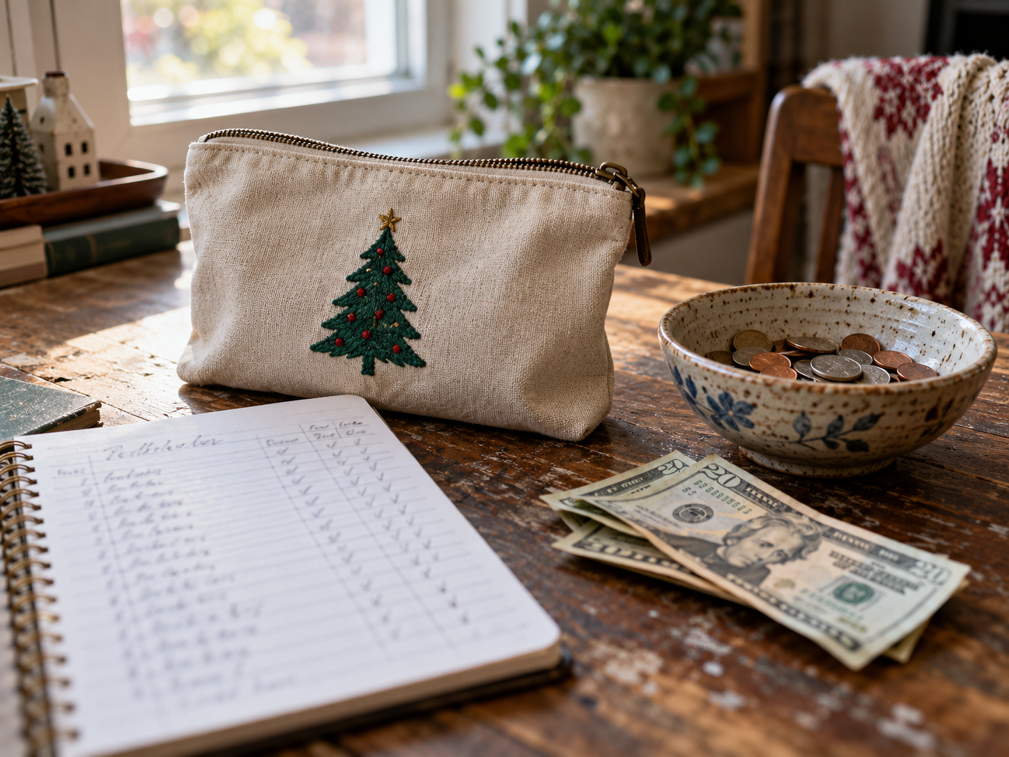 Christmas savings pouch beside a yearlong deposit tracker and a bowl of change