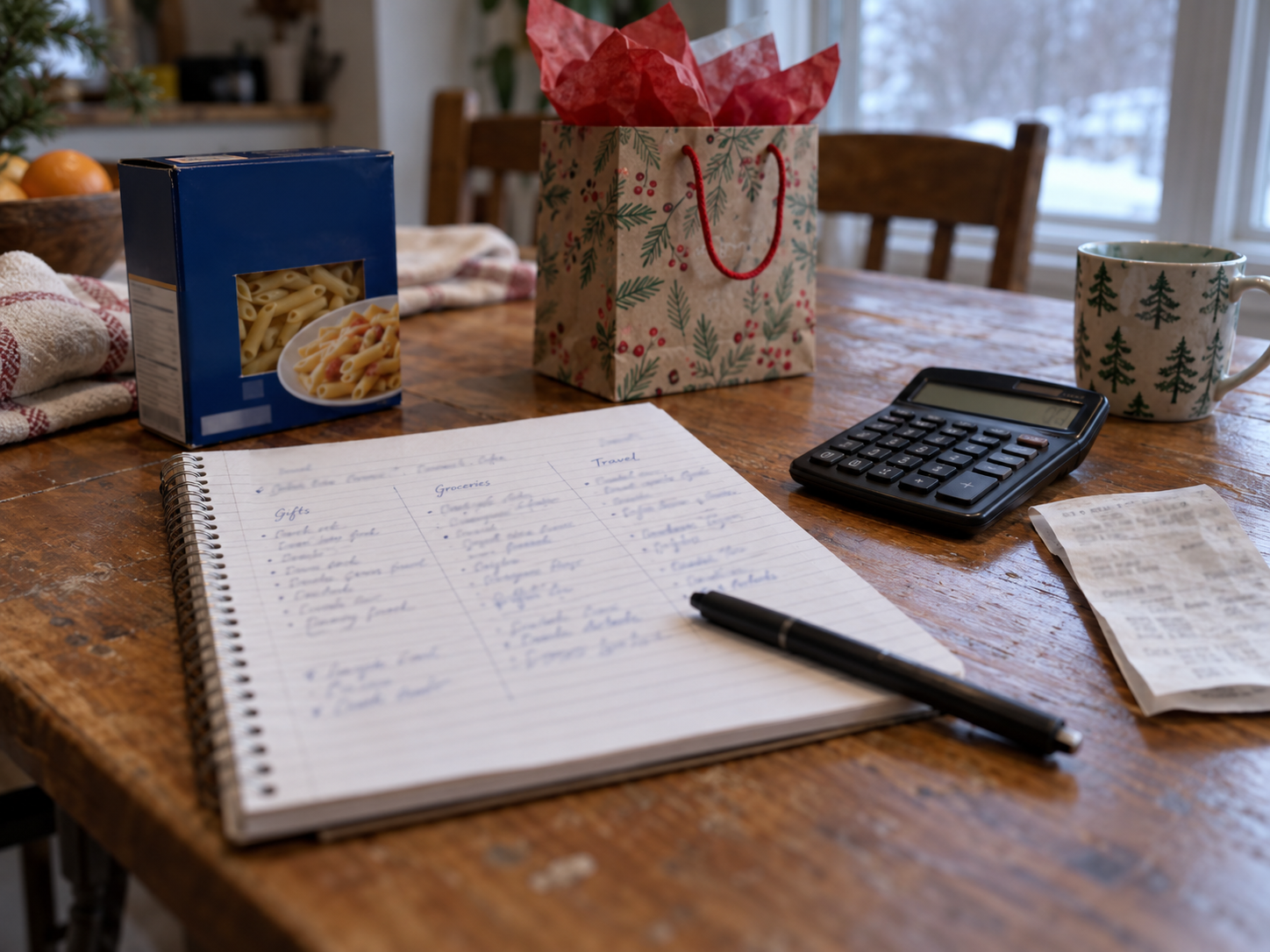 Christmas gift list and grocery budget beside household bills