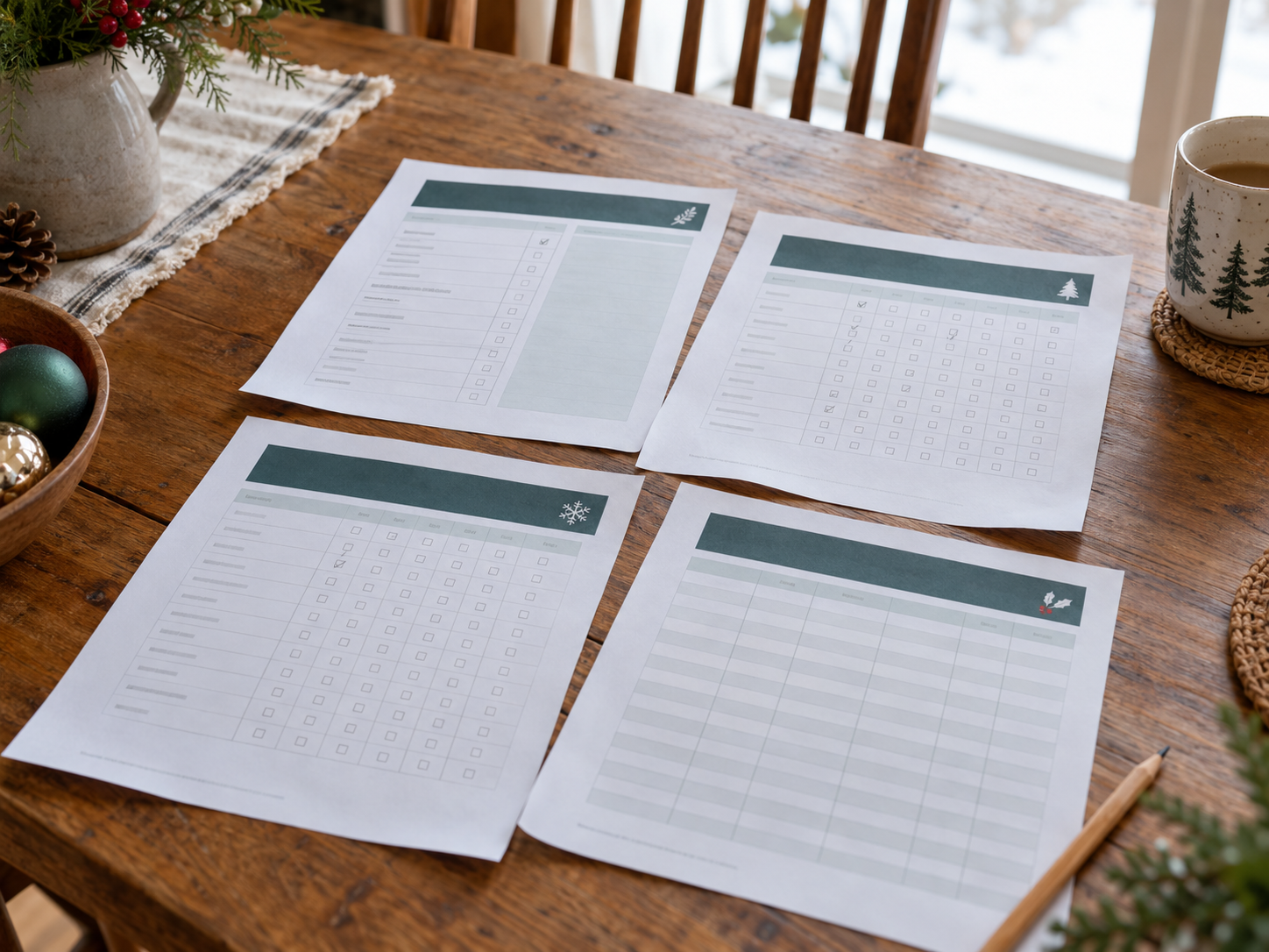 Four Christmas savings worksheets laid out on a kitchen table