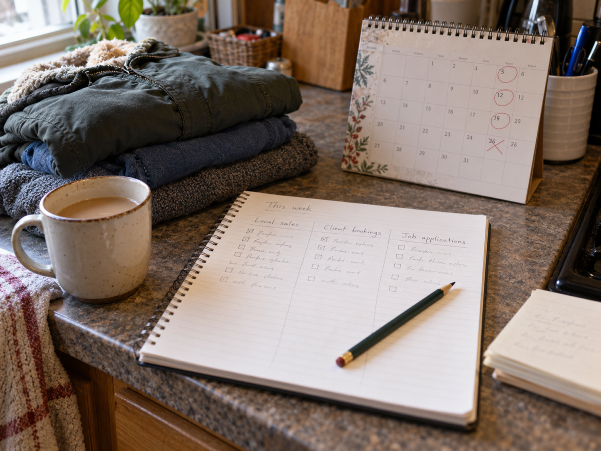Folded winter clothes beside a notebook and calendar for planning extra Christmas income
