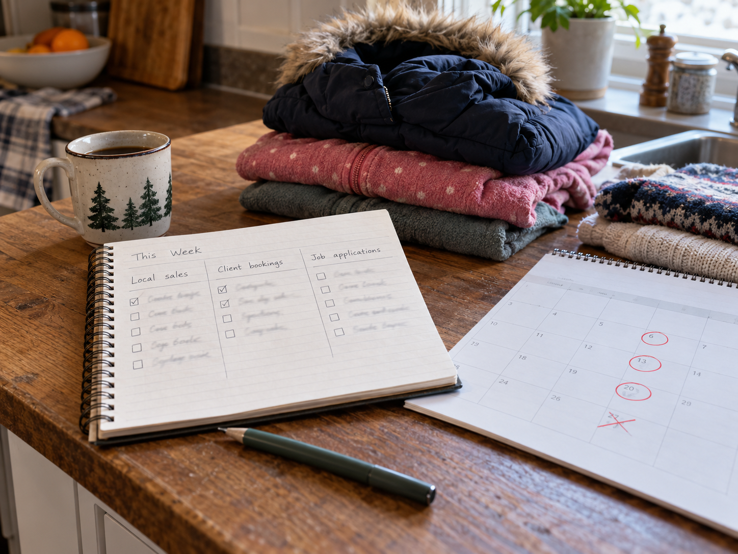 Stacked winter coats beside a notebook for planning which unused clothes to sell