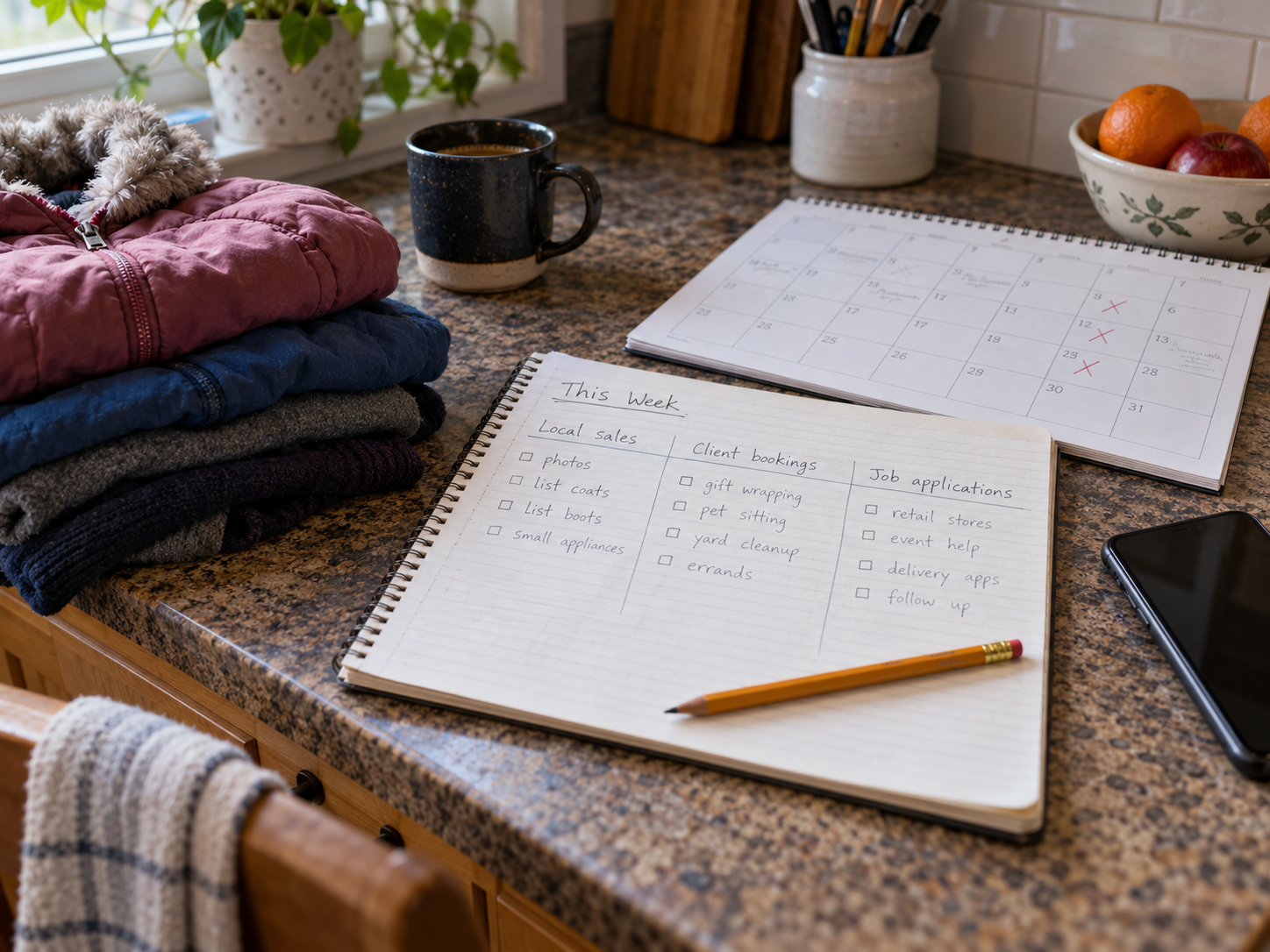 Notebook and folded clothes on a table for keeping track of Christmas side-job income