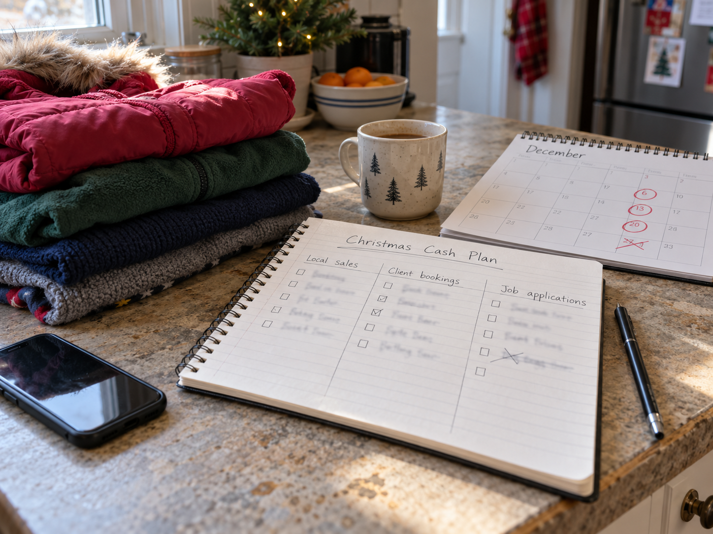 Folded clothes and a calendar beside a notebook for choosing a first Christmas side job