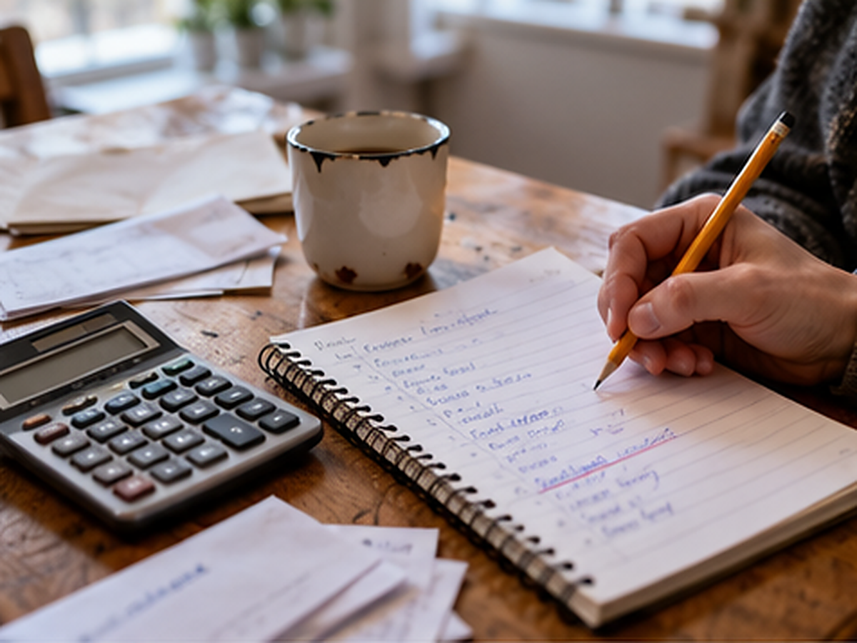 Christmas budget notebook beside household bills and a calculator