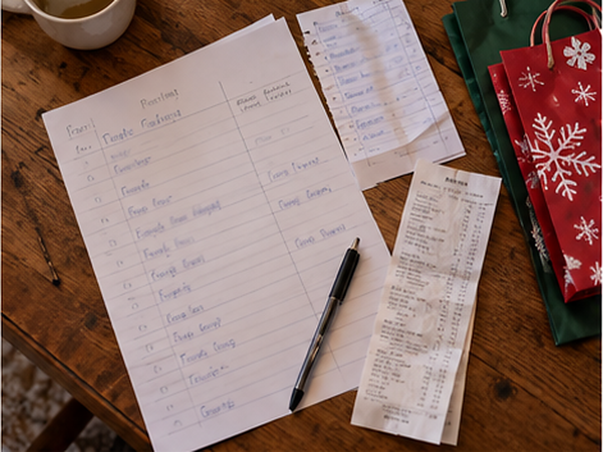 Holiday spending categories beside a grocery list and gift notes