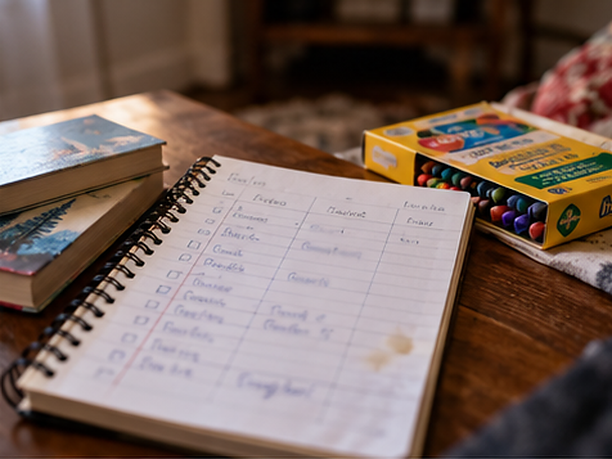 Christmas gift list beside a paperback book and crayons