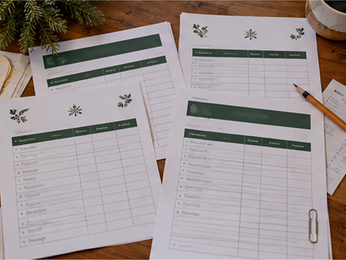 Four Christmas budget worksheets with dark green headers on a dining table