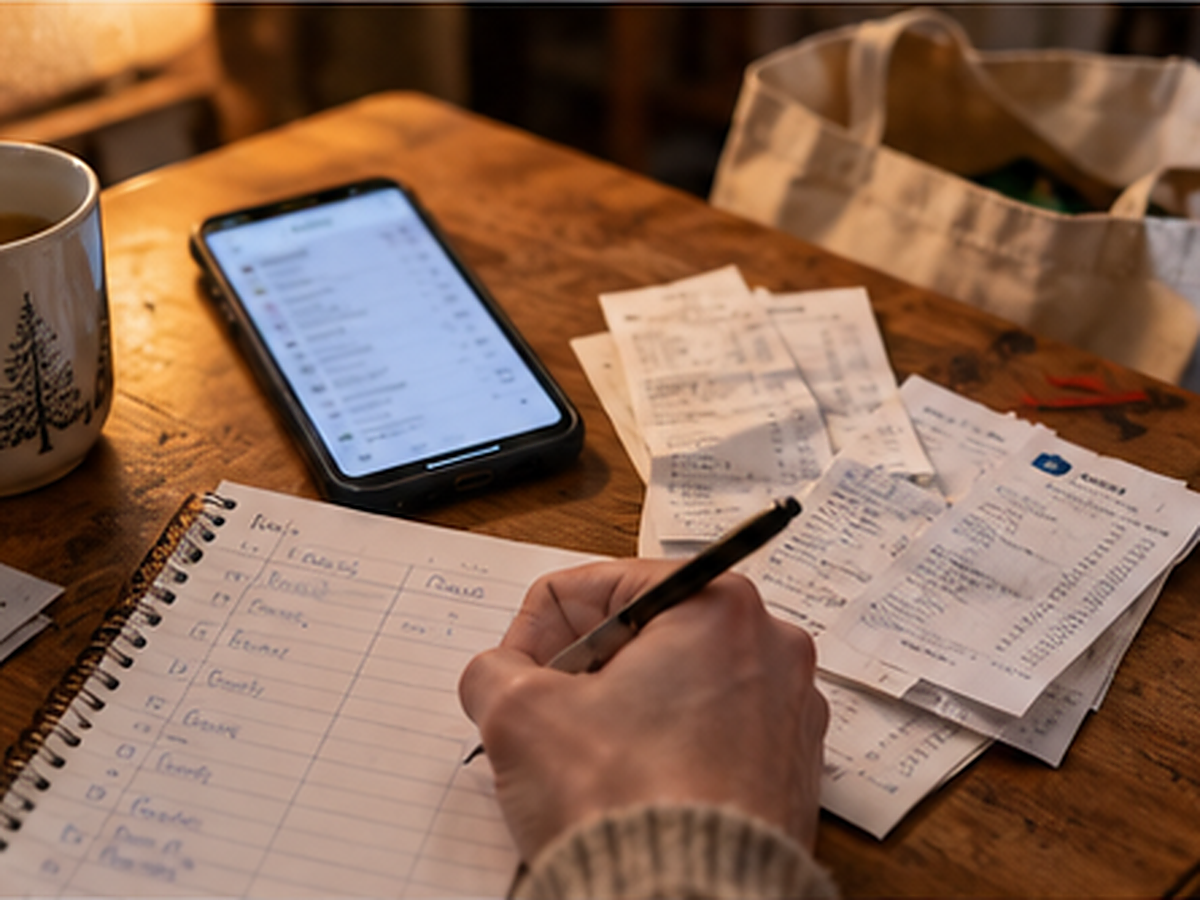 Hand updating a spending tracker beside receipts and a phone
