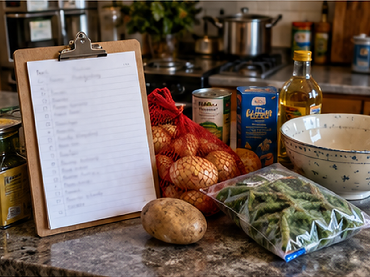 Christmas dinner shopping list beside potatoes and pantry groceries