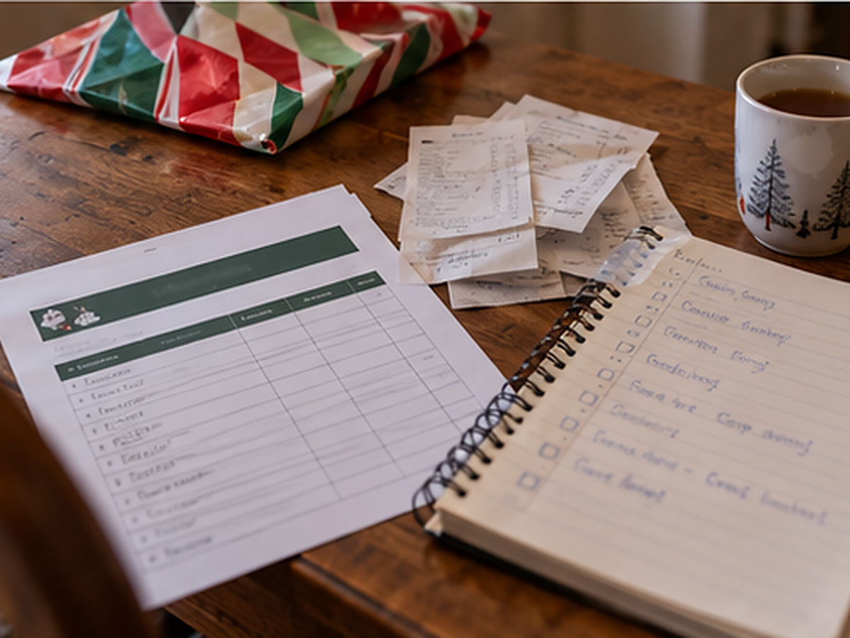 Christmas budget worksheets and receipts beside leftover gift wrapping