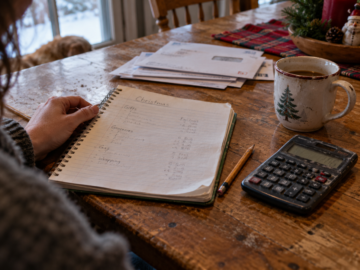 Christmas budget notebook beside bills, a calculator and a coffee mug