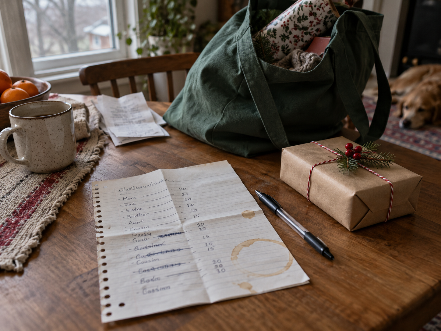 Family Christmas gift list beside a pen, reusable bag and wrapped gift