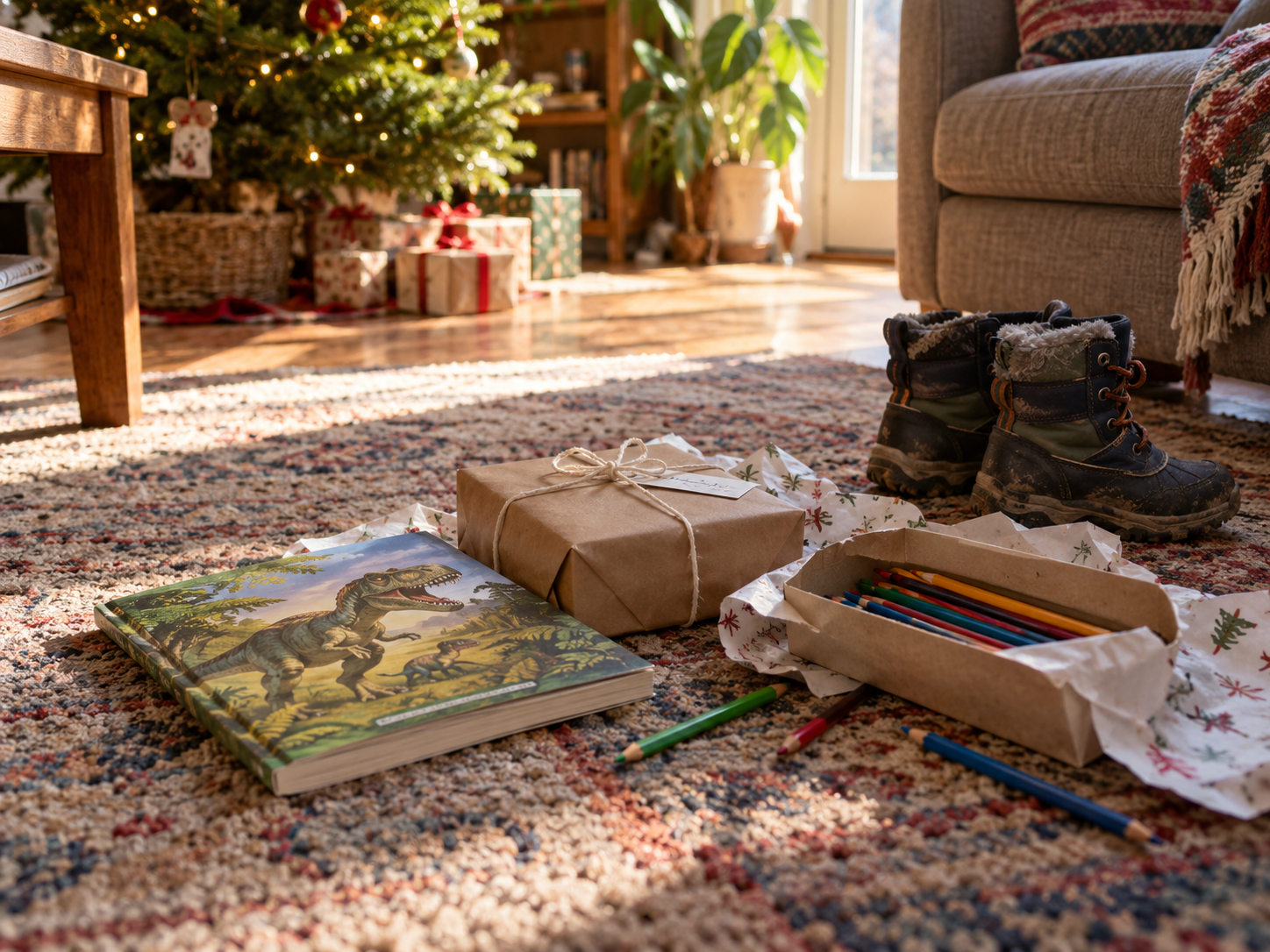 Simple brown-paper Christmas gifts on a living-room rug beside winter boots