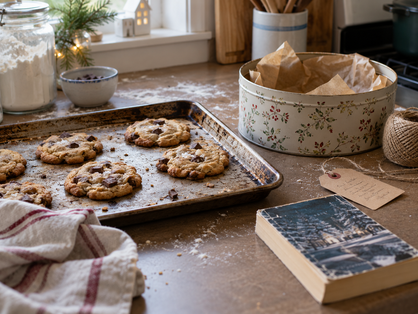 Homemade cookies cooling beside a reused gift tin and a secondhand book
