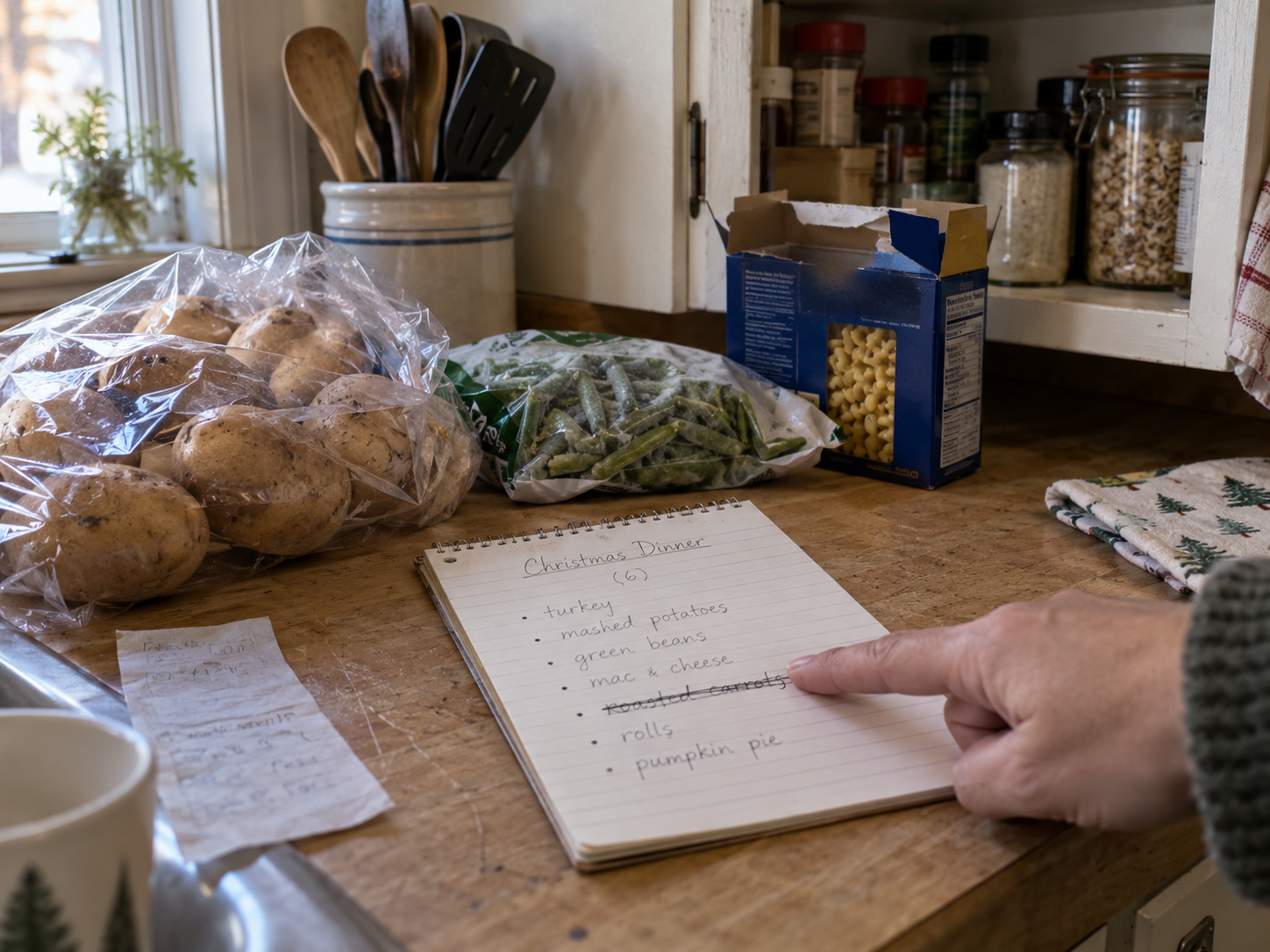 Christmas dinner menu beside potatoes, green beans and pantry groceries