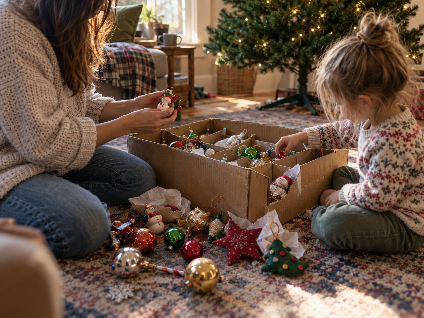 Adult and child sorting Christmas ornaments from a storage box beside a tree
