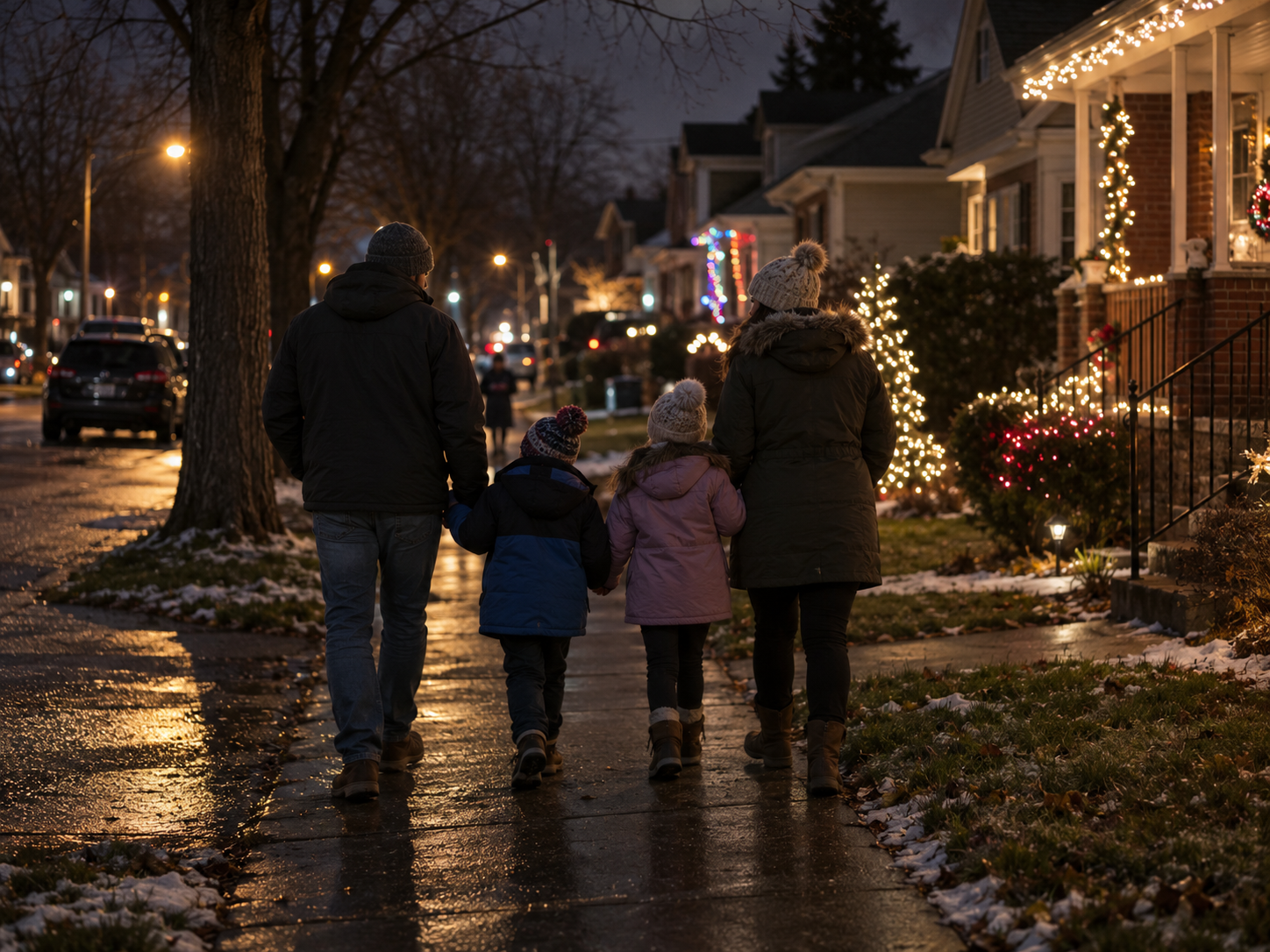 Family walking through neighborhood Christmas lights after dusk