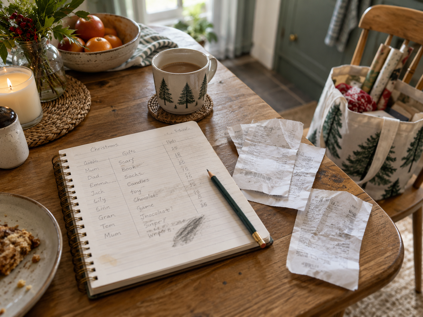 Christmas shopping tracker and folded receipts on a kitchen table