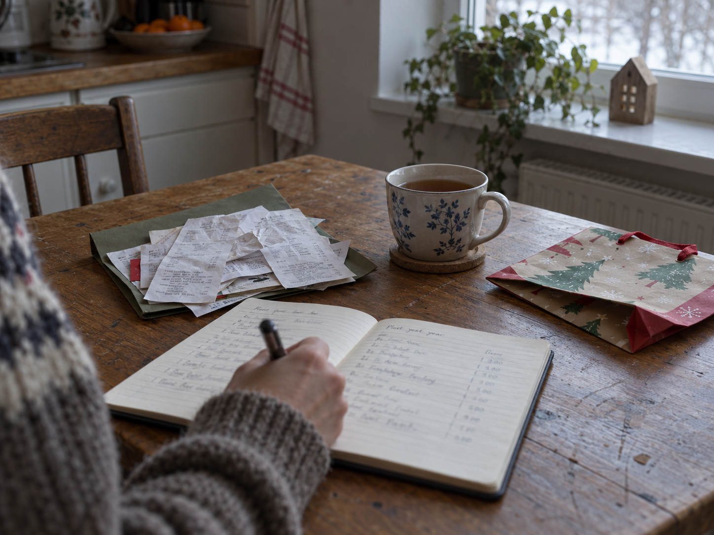 Holiday receipts and a savings notebook beside a cup of tea