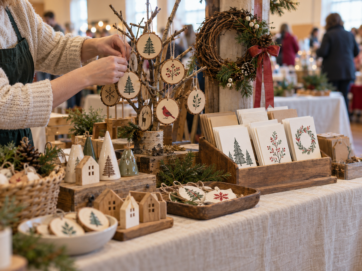 Small Christmas craft stall displaying handmade ornaments, a wreath and printed cards