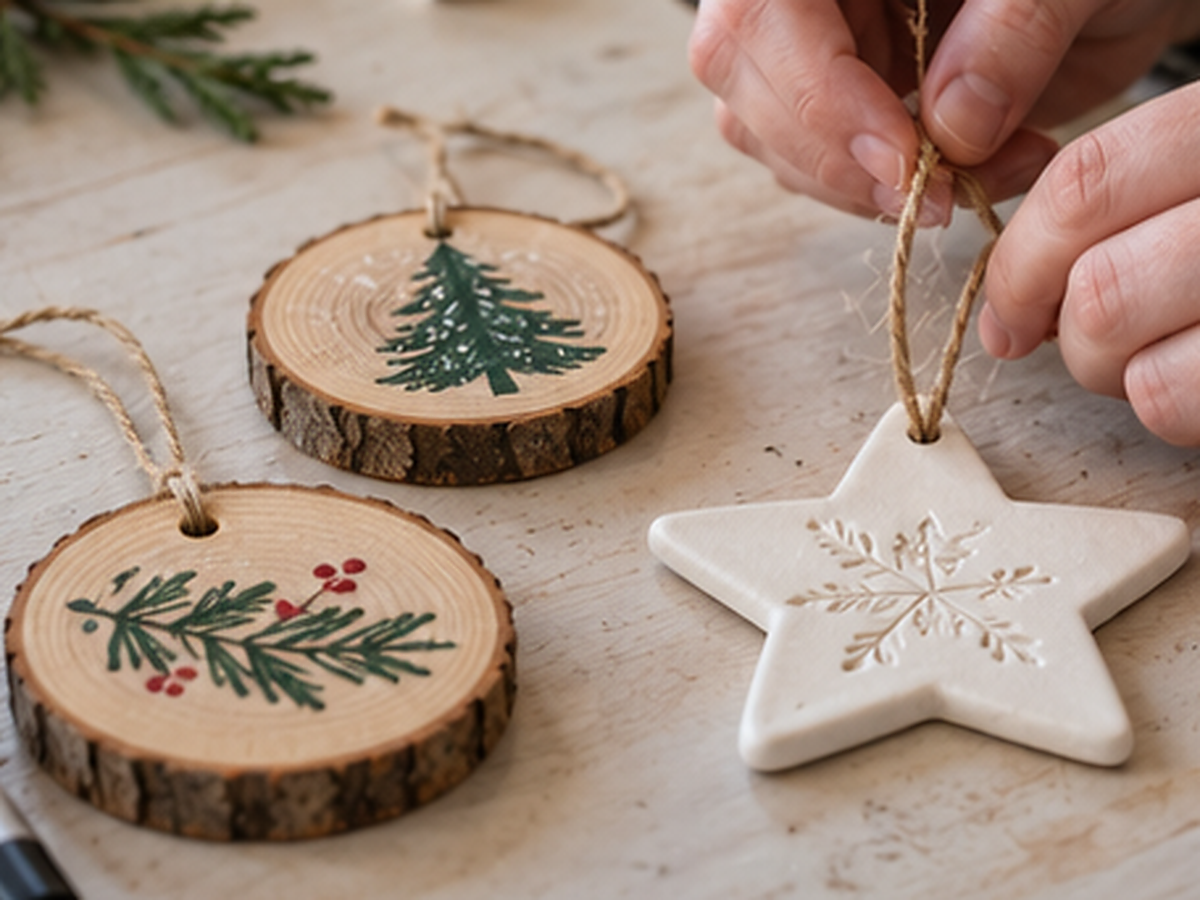 Hands finishing clay stars and painted wood-slice ornaments