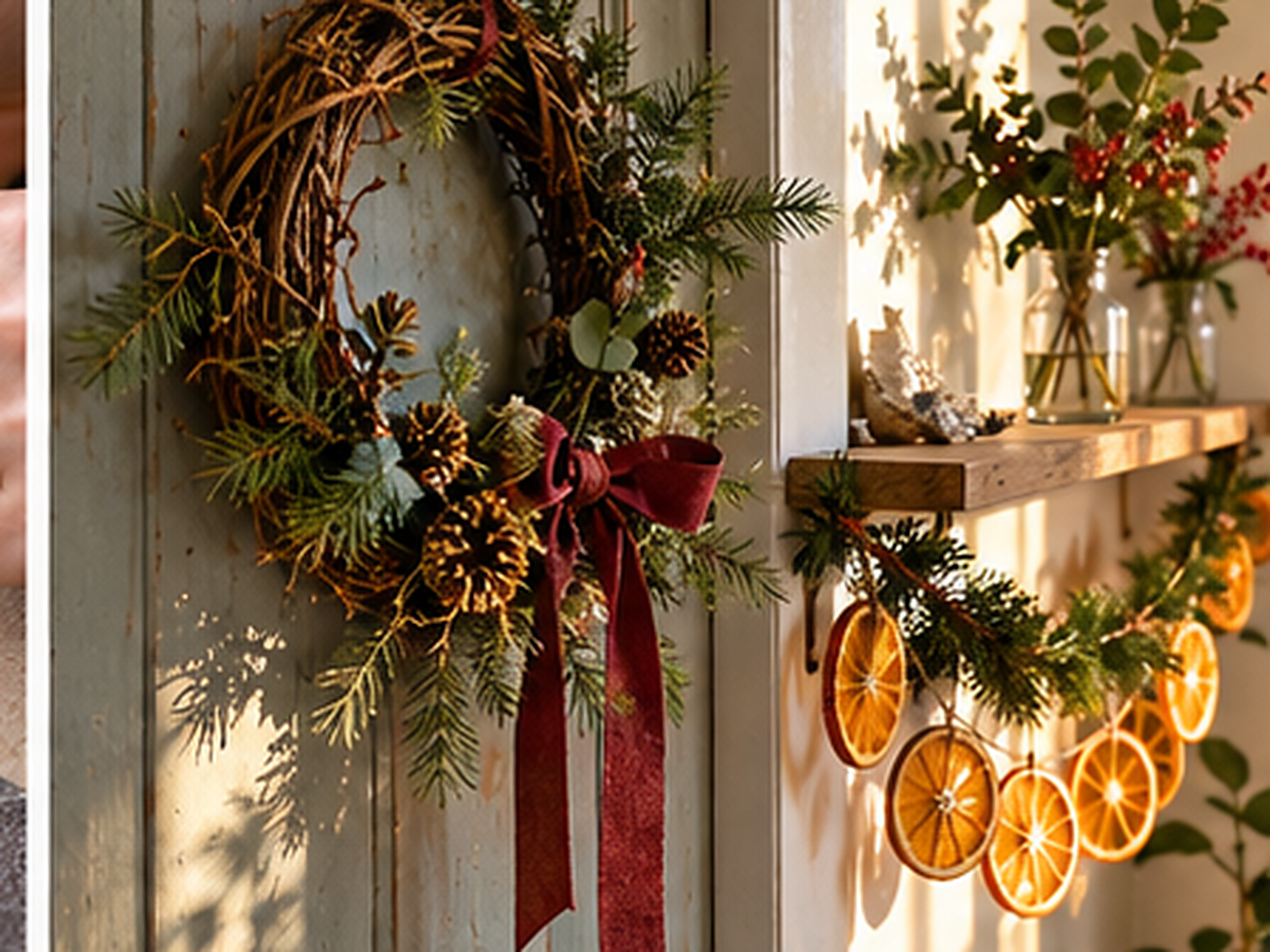 Small handmade wreath and dried-orange garland in an entryway