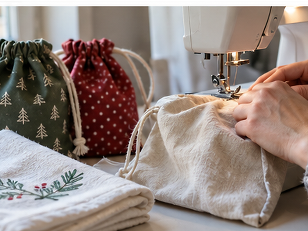 Sewing reusable cotton gift bags beside a finished tea towel