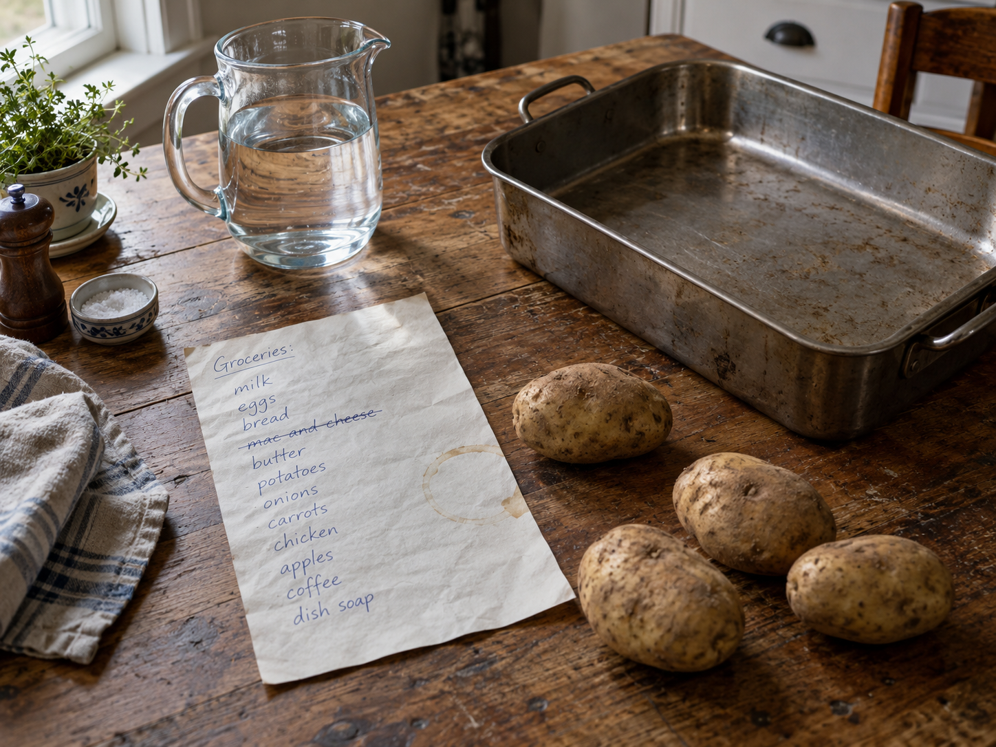A grocery list, potatoes, a water pitcher and a reusable roasting pan on a wooden table