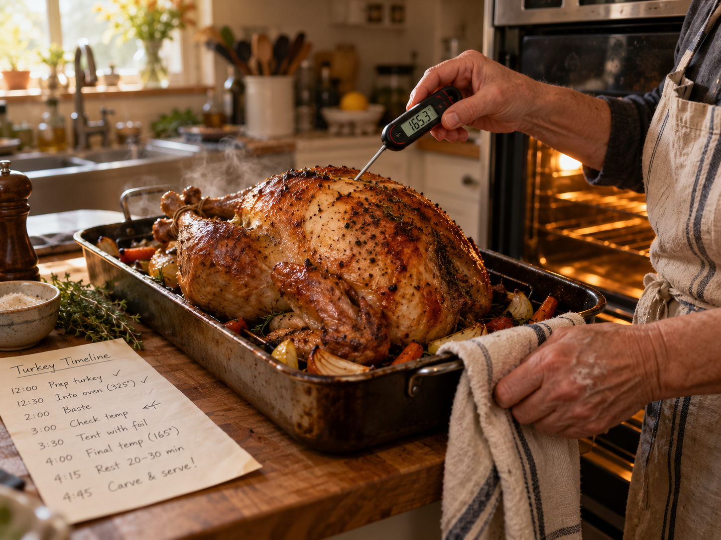 A home cook checking roast turkey with a digital meat thermometer beside a cooking timeline