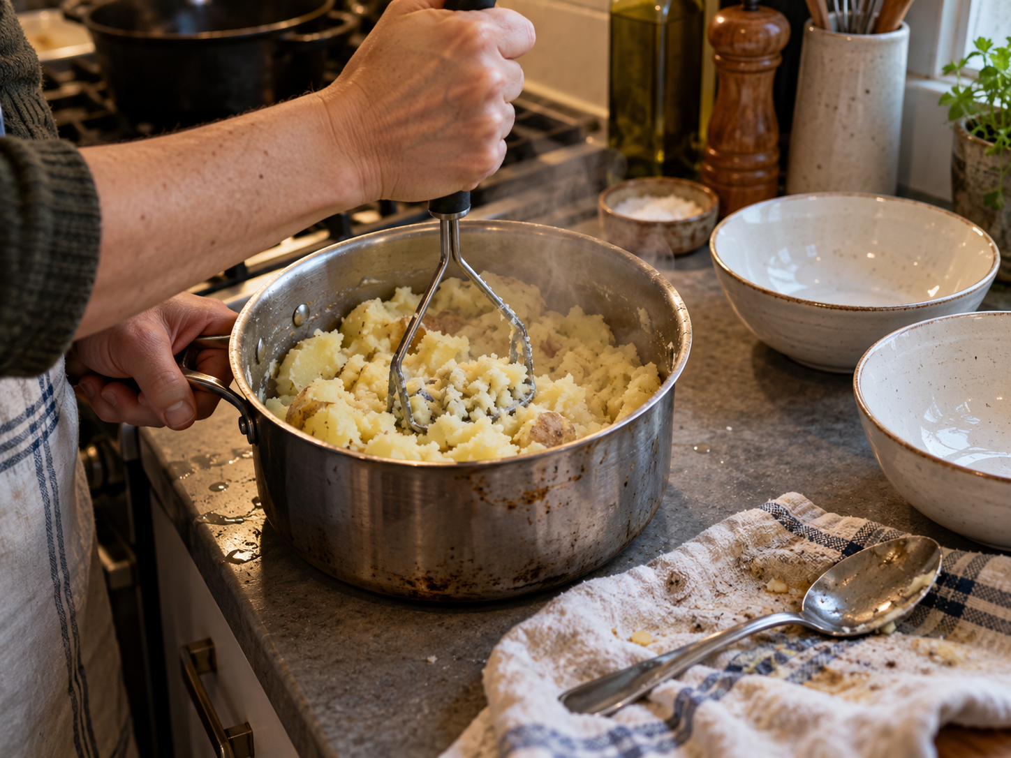 A home cook mashing potatoes in a stainless steel pot beside serving bowls