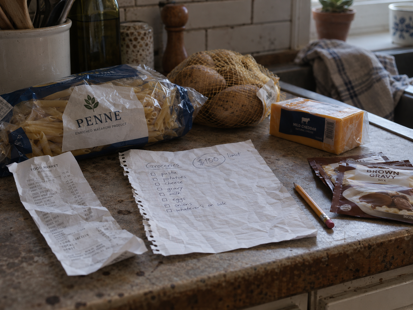 Pasta, potatoes, cheese and gravy packets beside a grocery list and receipt on a kitchen counter