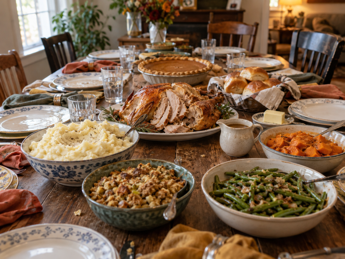 Thanksgiving dinner with sliced roast turkey, mashed potatoes, stuffing, green beans, sweet potatoes, rolls and pumpkin pie