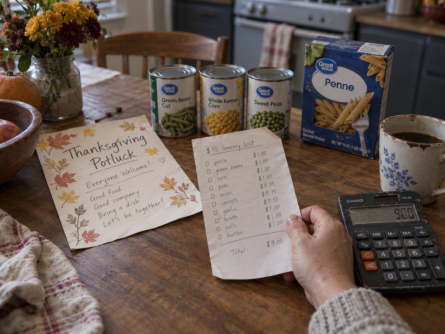 Canned vegetables and pasta beside a potluck invitation, grocery list and calculator