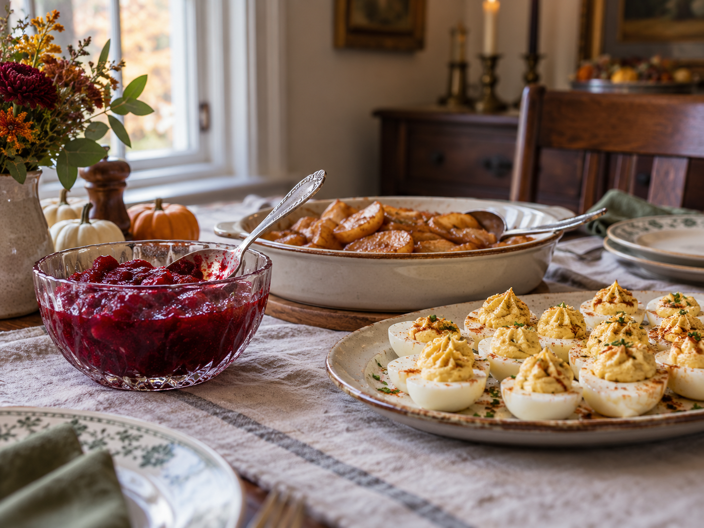 Cranberry sauce, warm cinnamon apples and deviled eggs on a Thanksgiving side table