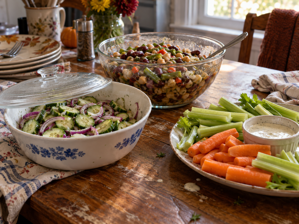 Cucumber salad, three-bean salad and carrot and celery sticks with ranch dip on a table