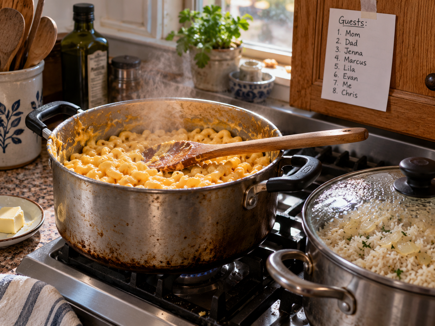 A pot of macaroni and cheese beside a saucepan of onion rice pilaf on the stove