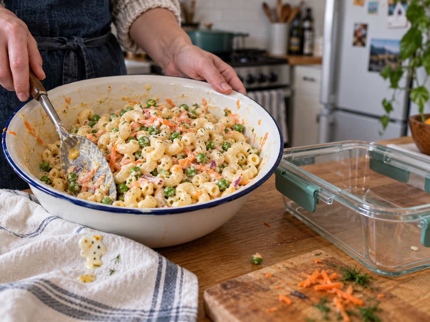 A bowl of elbow pasta salad with peas and grated carrots beside a reusable food container