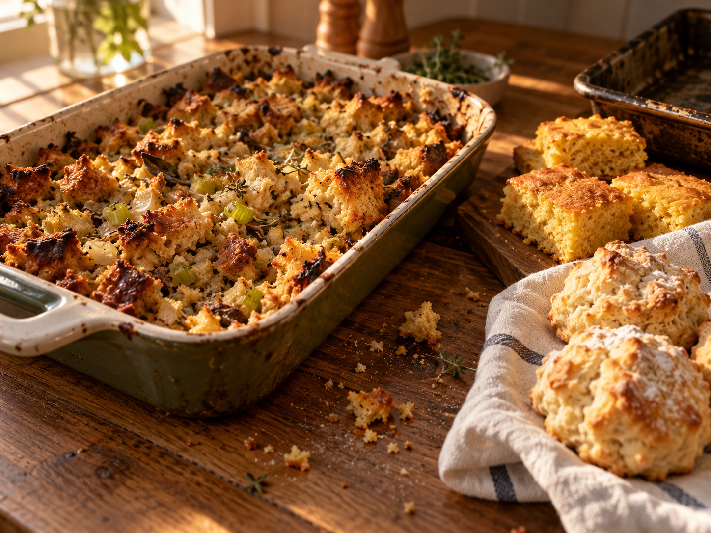 A dish of baked bread stuffing beside cornbread squares and flour-dusted drop biscuits