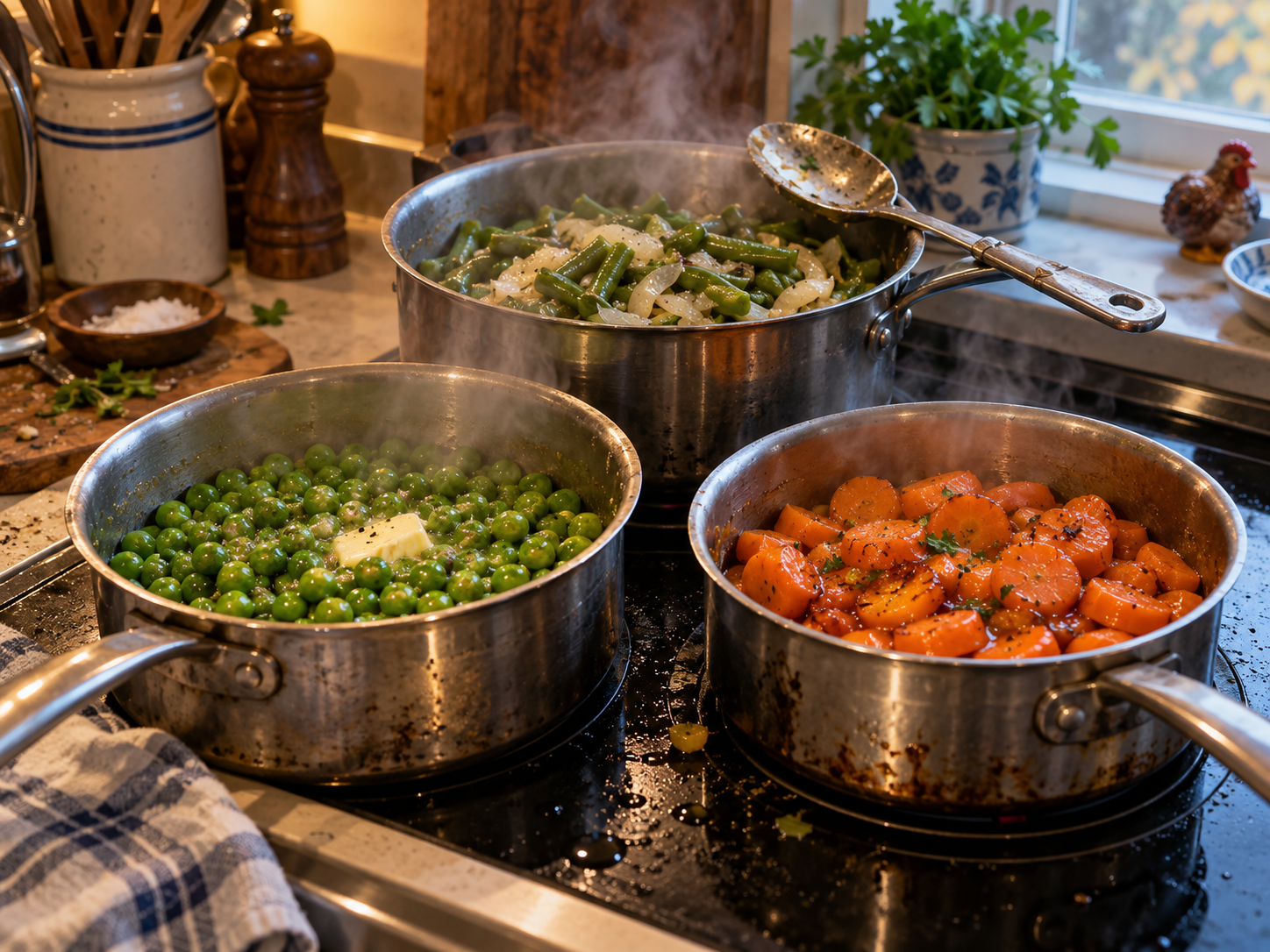 Three saucepans containing green beans with onions, buttered peas and glazed carrots