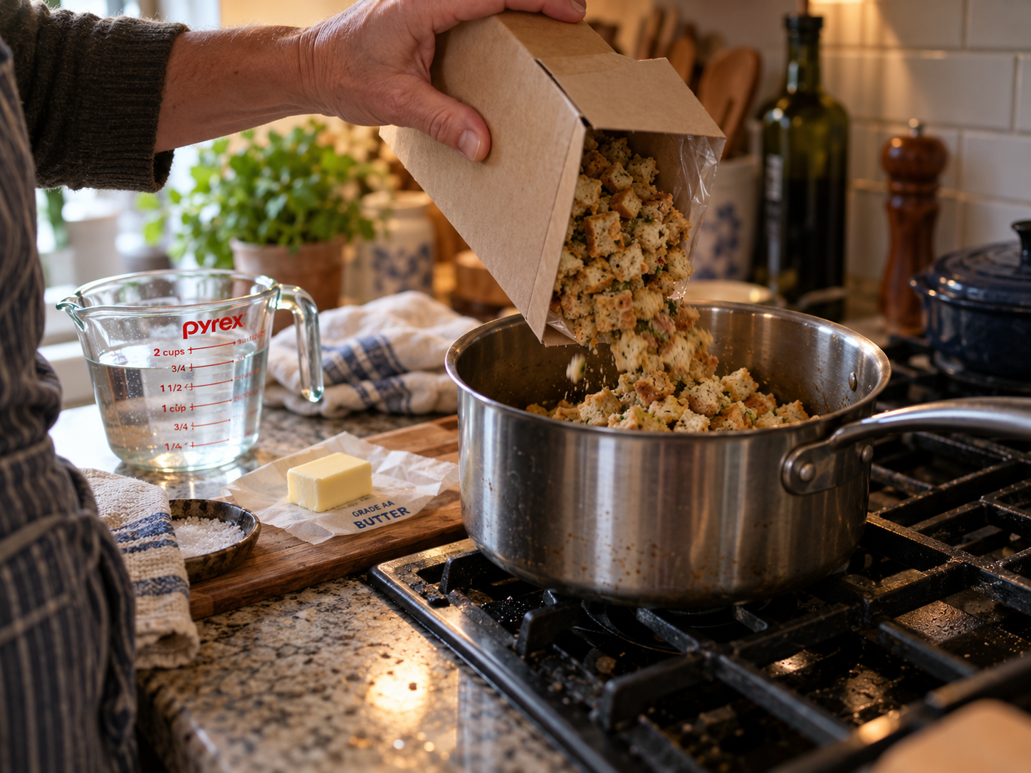 A cook pouring seasoned stuffing cubes into a saucepan beside measured water and butter
