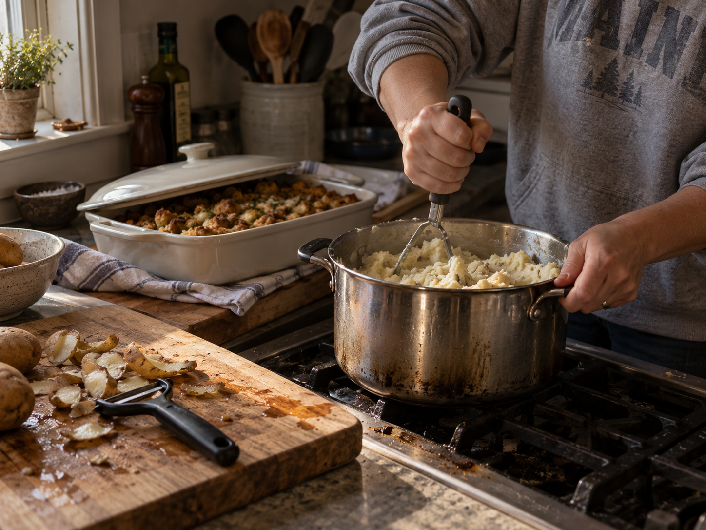 A cook mashing potatoes in a saucepan with a covered dish of stuffing nearby
