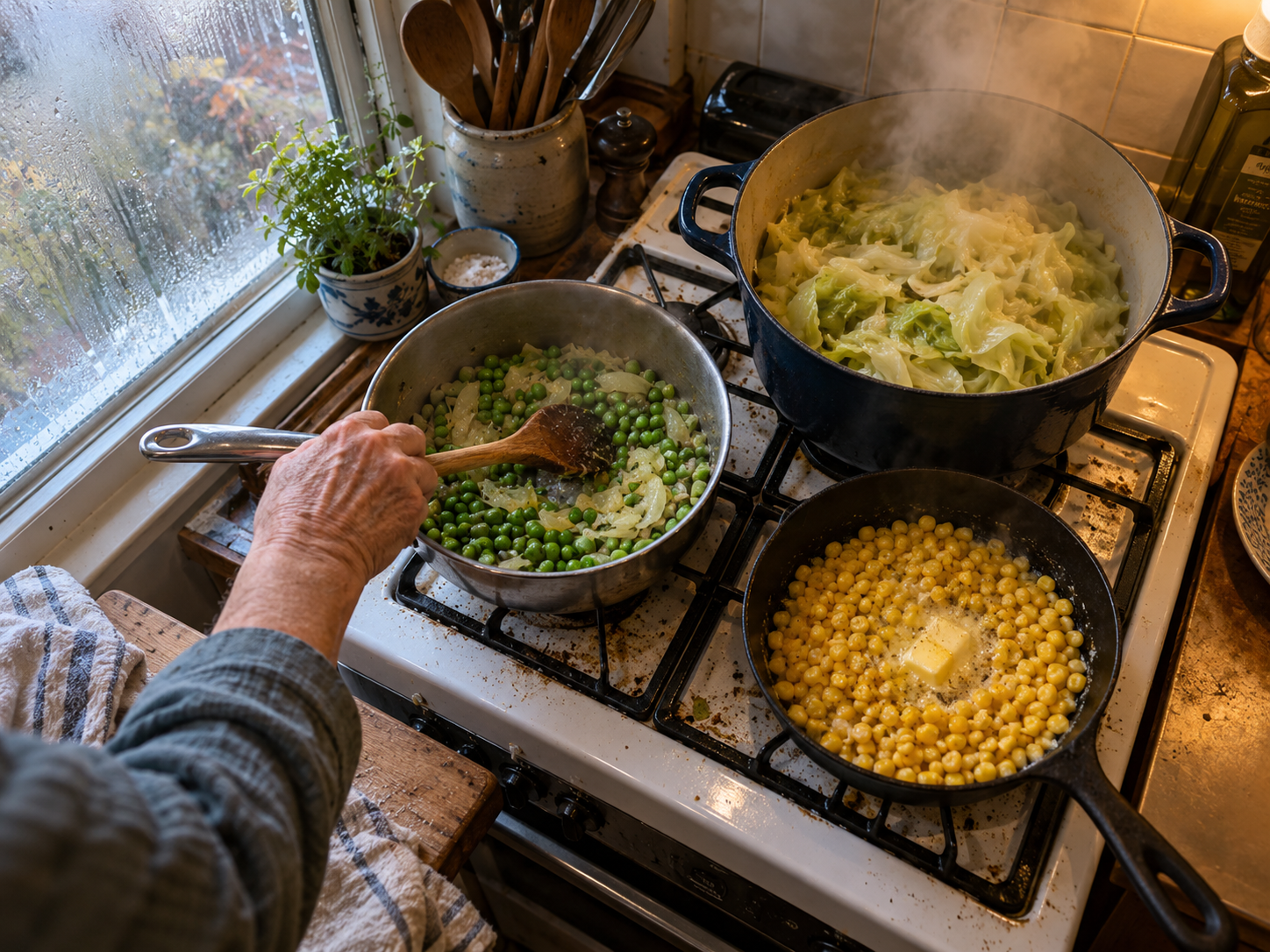 A cook stirring peas and onions beside pans of cabbage and buttered corn on a stove