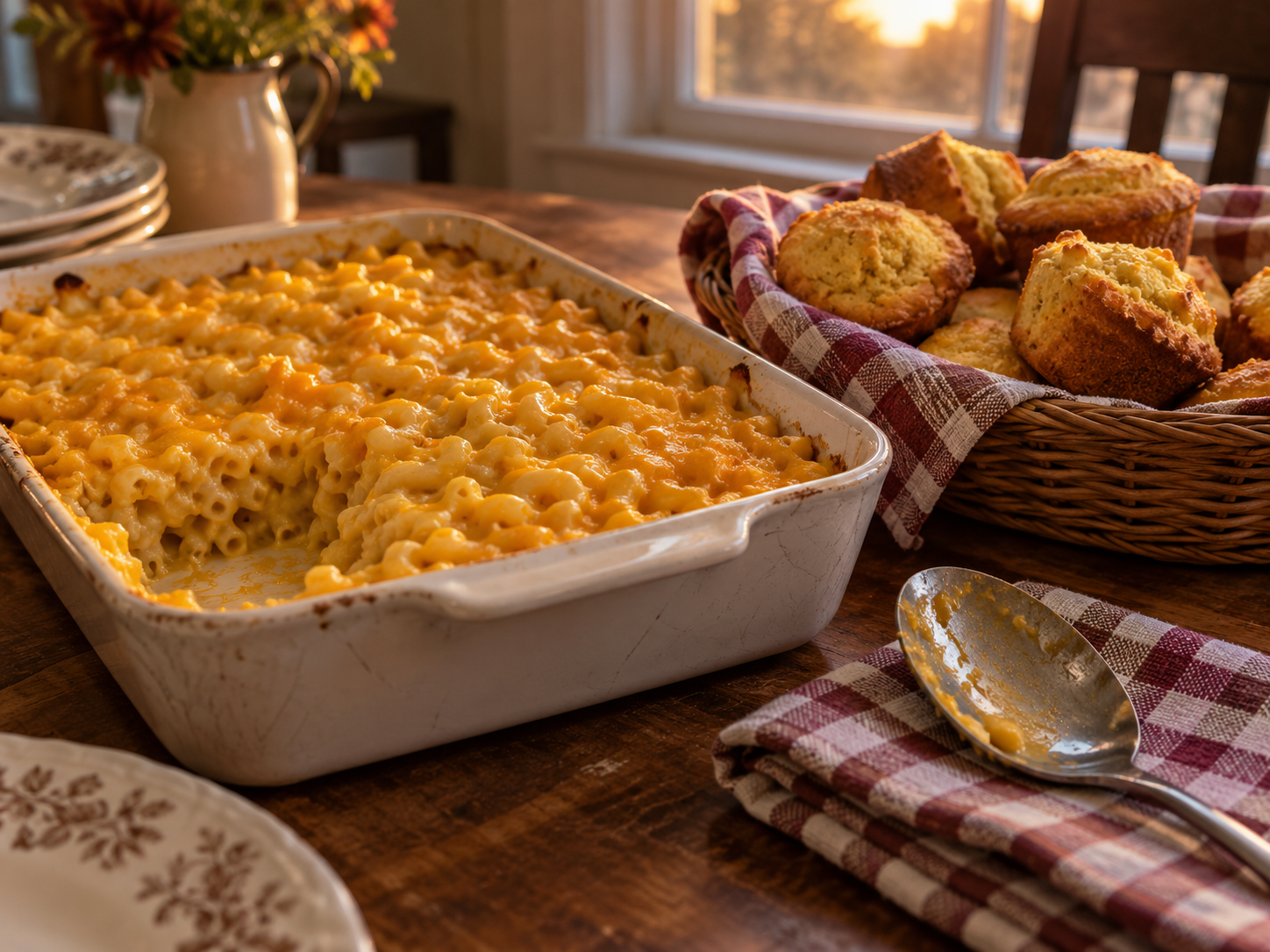 A casserole dish of macaroni and cheese beside a basket of cornbread muffins