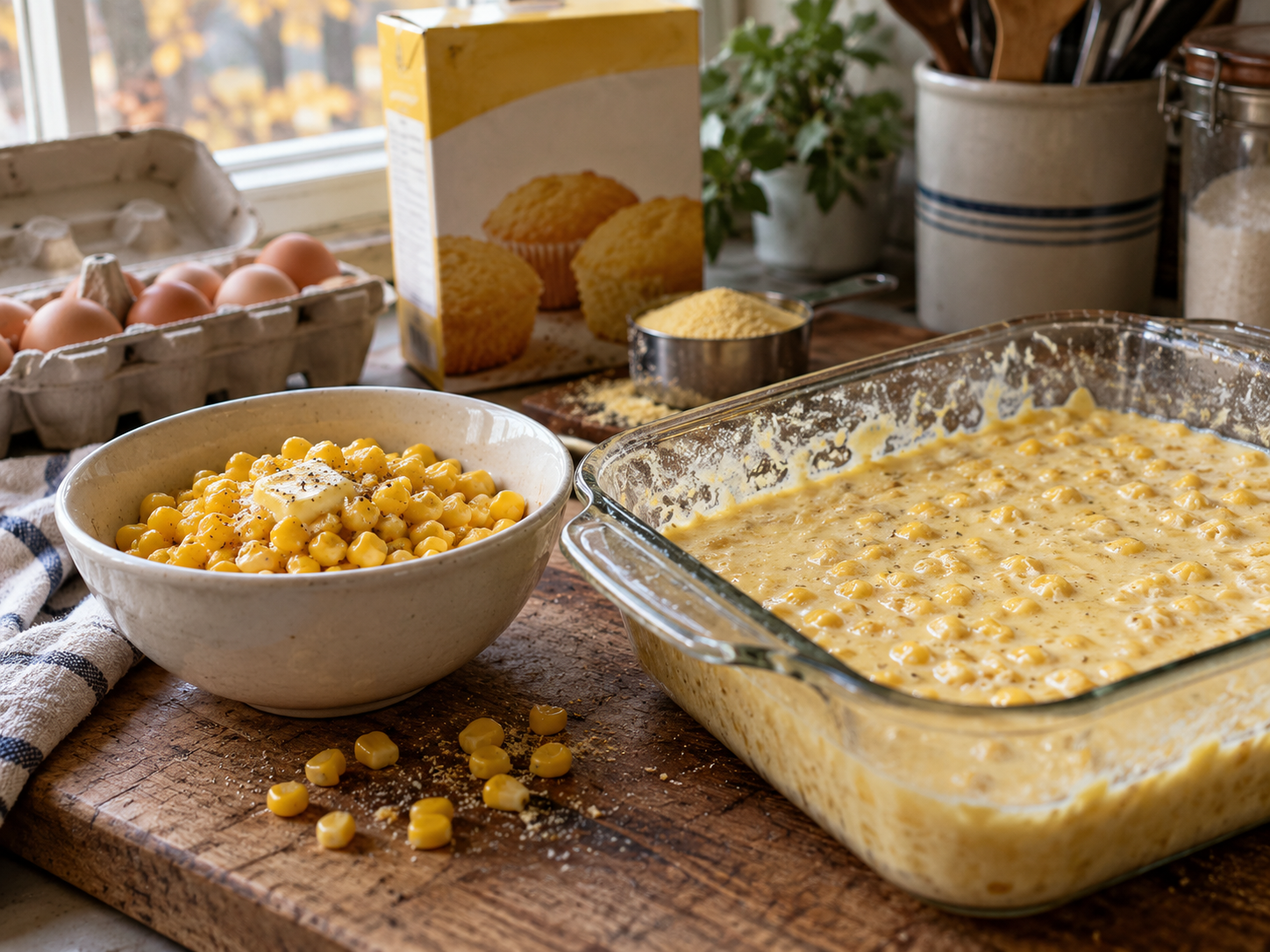 A bowl of buttered corn beside unbaked corn pudding, eggs and corn muffin mix