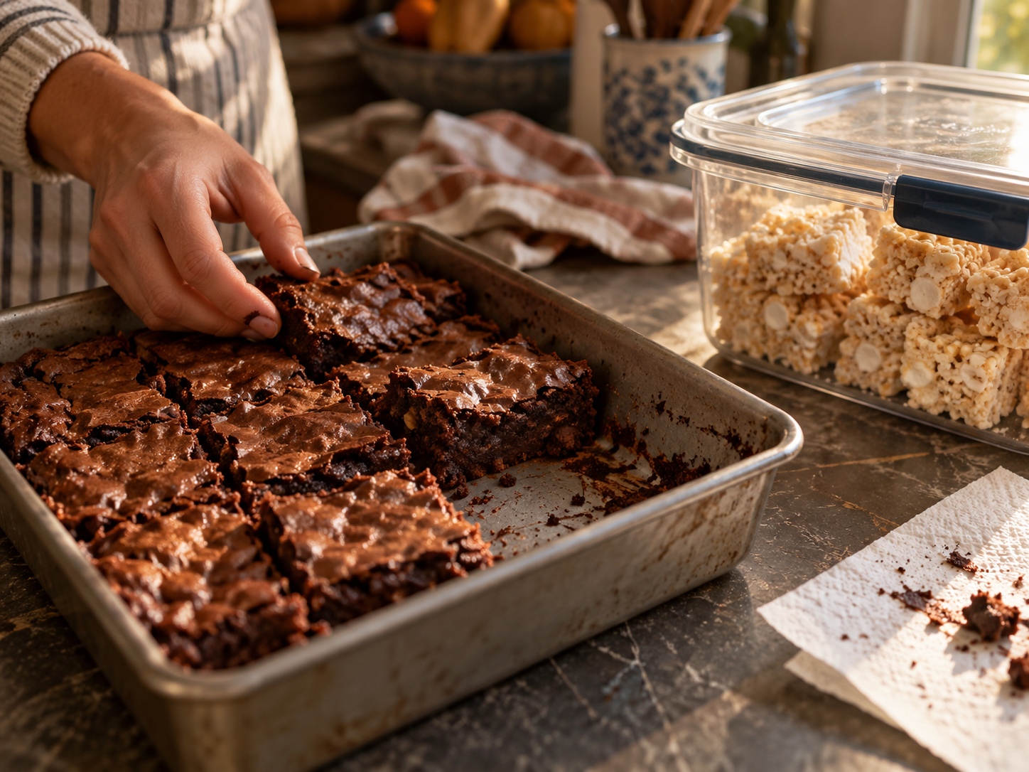 A pan of homemade brownies beside marshmallow cereal treats in a lidded container