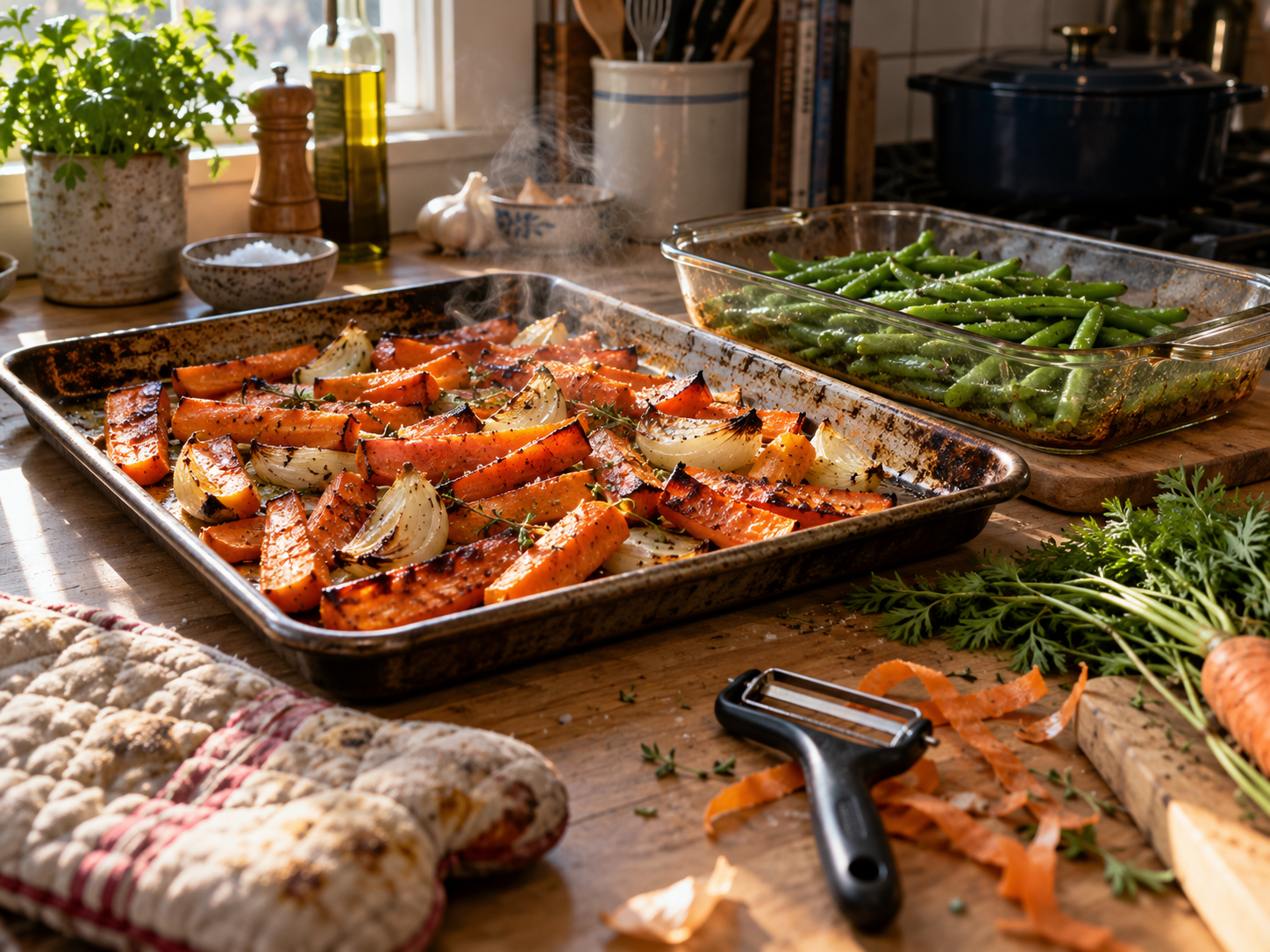 A baking tray of roasted carrots and onions beside a glass dish of green beans