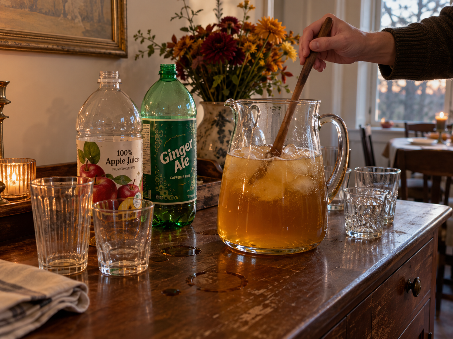 A glass pitcher of apple-juice punch being stirred beside apple juice, ginger ale and drinking glasses