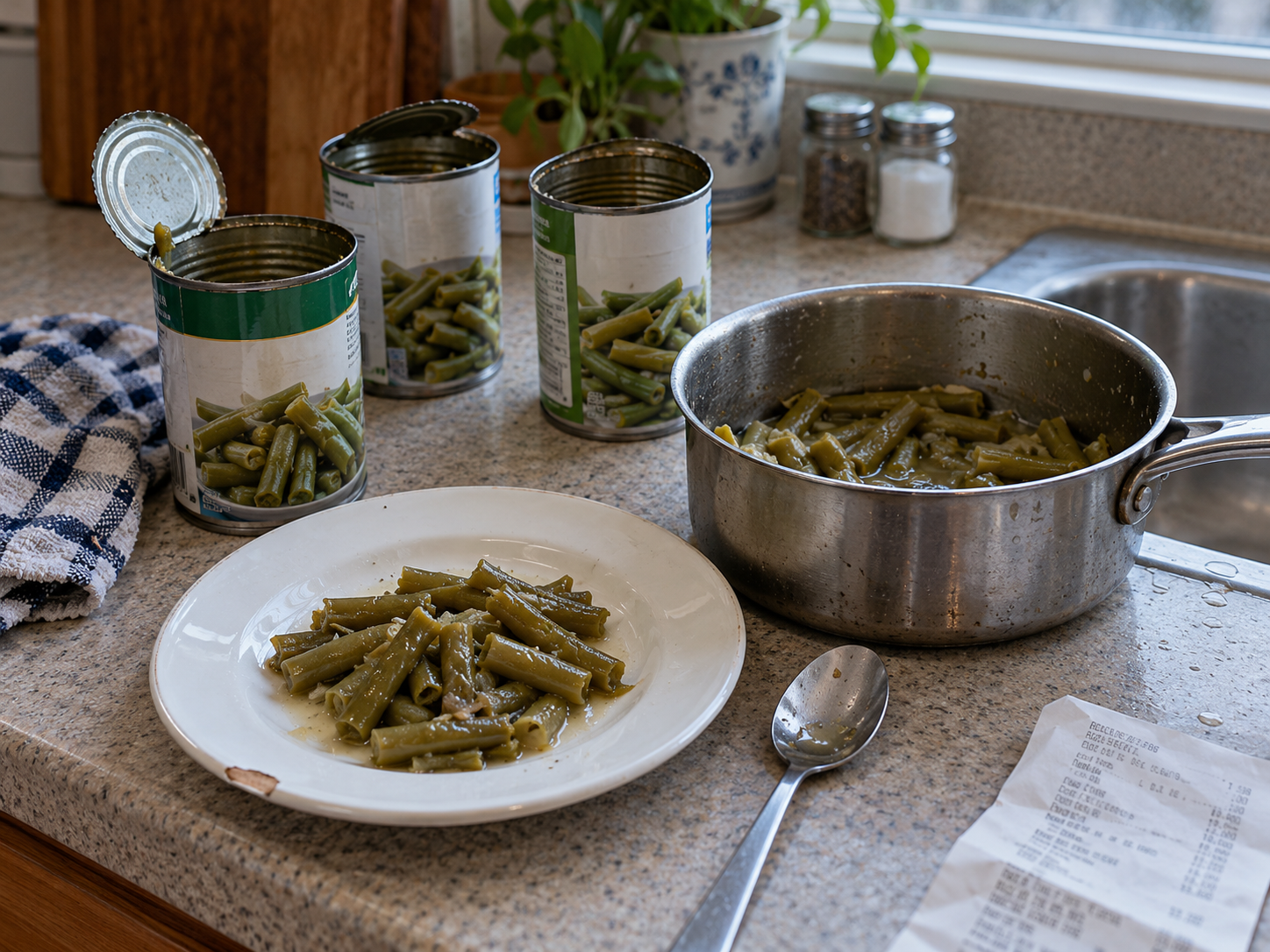 Opened cans of green beans beside a saucepan and plate of buttered green beans